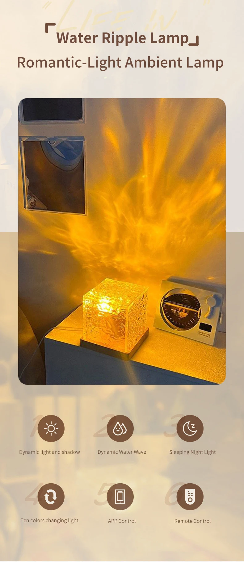 Description Picture 2 of item3/16 Colors Flame Crystal Lamp Dynamic Rotating Water Ripple Projector Night Light For Living Room Study Bedroom Rotating Light