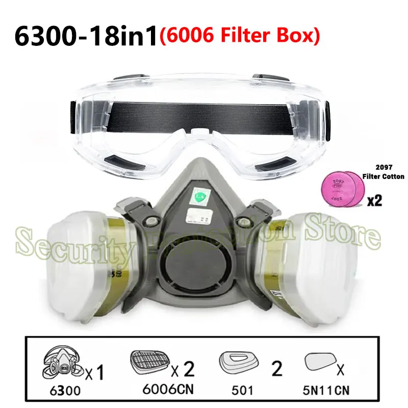 18in1 6300 Half Facepiece Reusable Respirator with 6001/6006 Filter and Safety Glasses For Painting Spraying Organic Vapor gas mask,gas respirator,face respirator,half face respirator mask,dustproof respirator