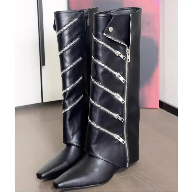 

Club Fashion Six Zipper Front Wedge Heel Knee Boots Loose Slip On Pointed Toe Woman Trouser Boots Hidden Wedge Knight Boots