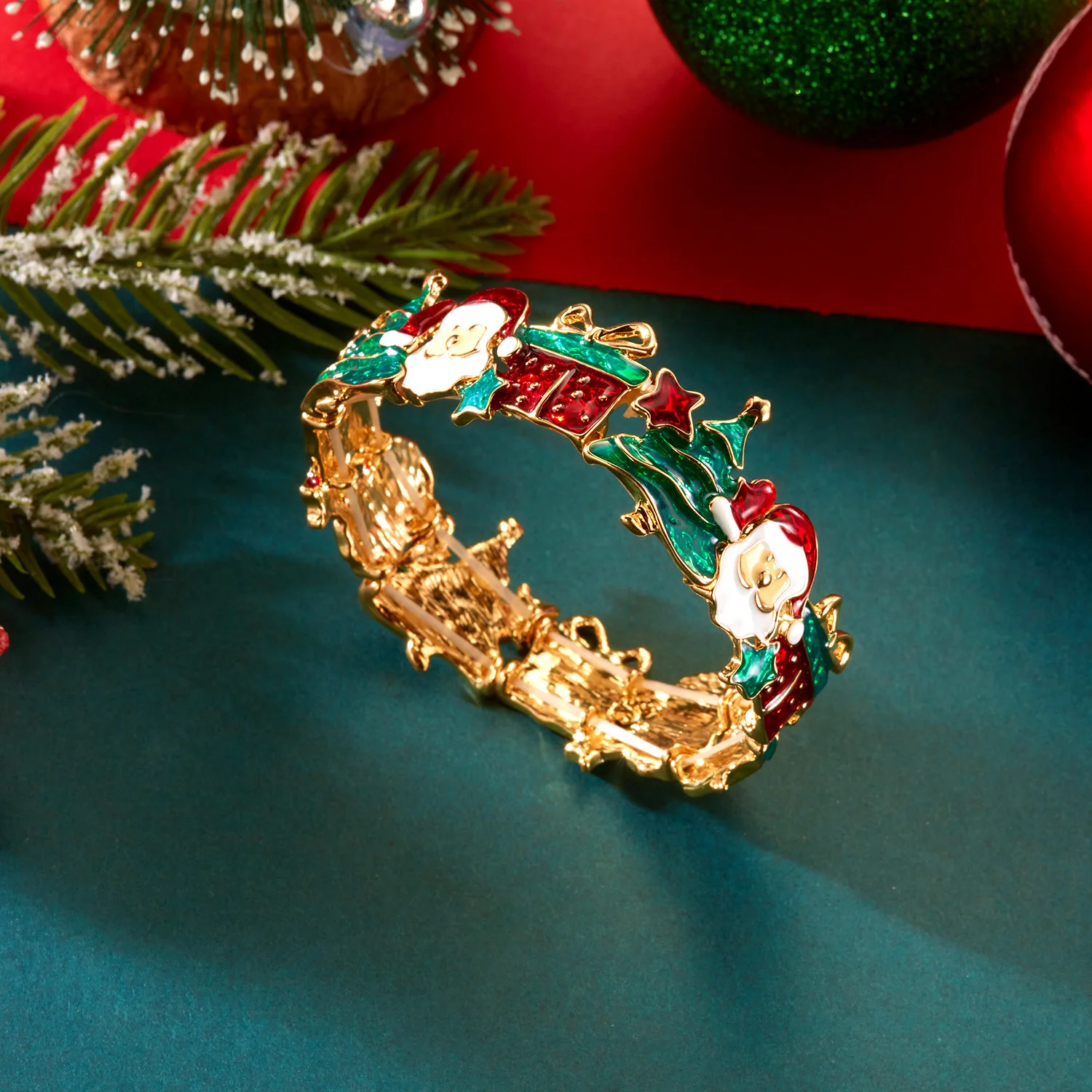 Emaille Weihnachtsmann-Baum Schmuckset Charm-Armband Ohrringe Anhänger Halskette für Frauen Feiertagsgeschenk Beste Freunde – Detail 6