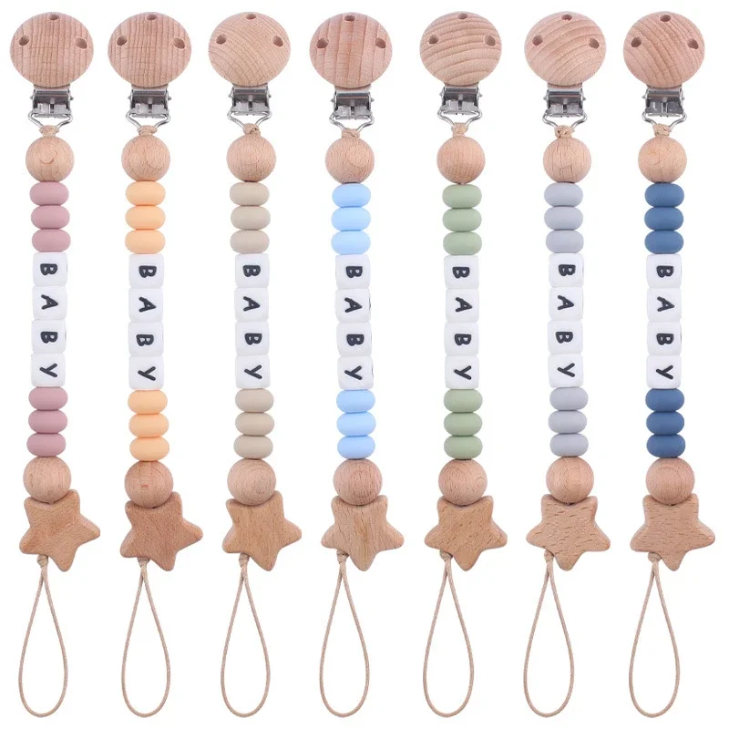 

New Baby Personalized Name Pacifier Clip INS Star Wooden DIY Silicone Dummy Nipple Holder Pacifiers Clips Teething Toys BPA Free