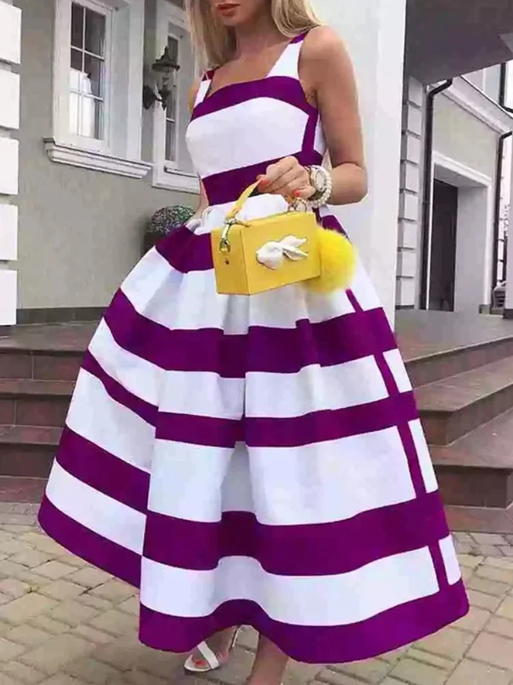 Uoozee Female Elegant Chic Striped Party Evening Dress 2023 Summer