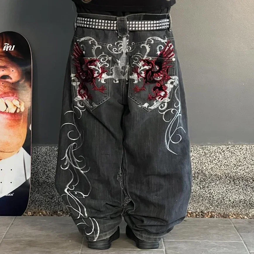 Y2K American Retro Gothic Jeans Women Trendy Embroidered Pattern Denim Trousers Men Harajuku Straight Loose Wide Leg Pants 3
