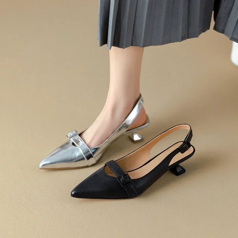 

Туфли женские с острым носком, босоножки с ремешком на пятке, без застежки, лакированная кожа, Классическая обувь, лето