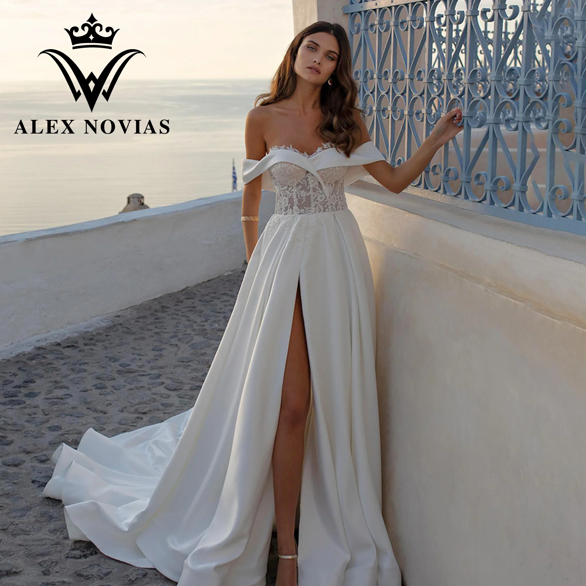 

Свадебное платье-трапеция ALEX NOVIAS, атласное платье с рукавами-крылышками и разрезом, 2023