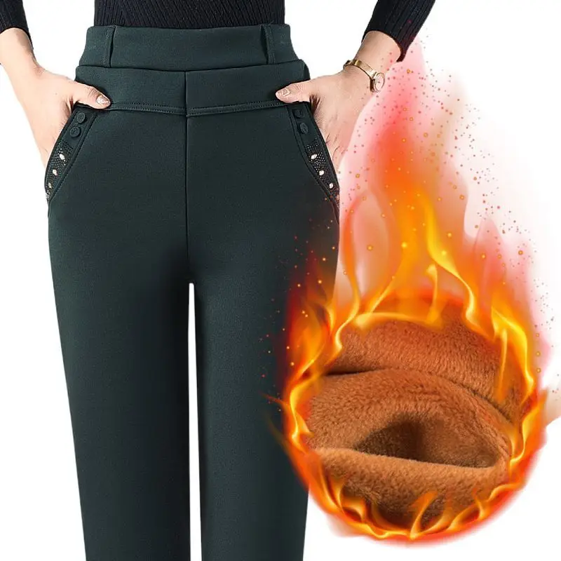 Middle-aged Elderly Women's Clothing Winter Fashion Lace Rhinestone Plush Warm Pants Ladies Elegant Straight Trousers Pantalones