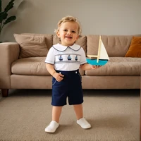 Boys Boat Smocked T-shirt with Peter Pan Collar 2PCS Sets Infant Summer Short Sleeve Toddler 1 2 3 Years Daily Fashion Clothes