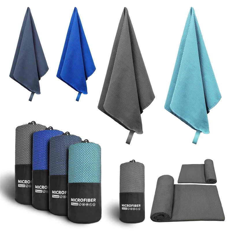 

Star Style Quick Drying Towel With Round Mesh Bag Packaging Solid Color Double-Sided 3D Fitness Swimming Texture Beach Towel Set