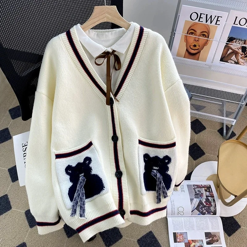 

Hsa Bear Embroidery Cardigan Sweater for Women 2023 Korean Fashion Cartoon Hip Hop Loose Women Knitwear Coats Vintage Cardigans