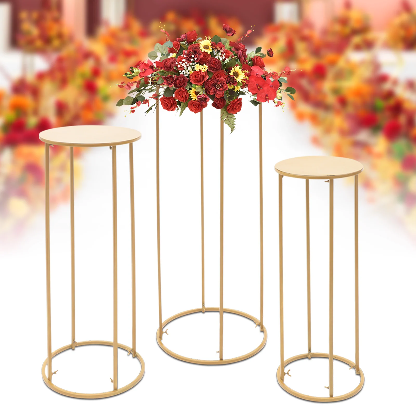 

3Pcs Floor Vase Metal Round Flower Stand Metal Column Carved Flower Pillar Wedding Centerpiece For Party Decoration