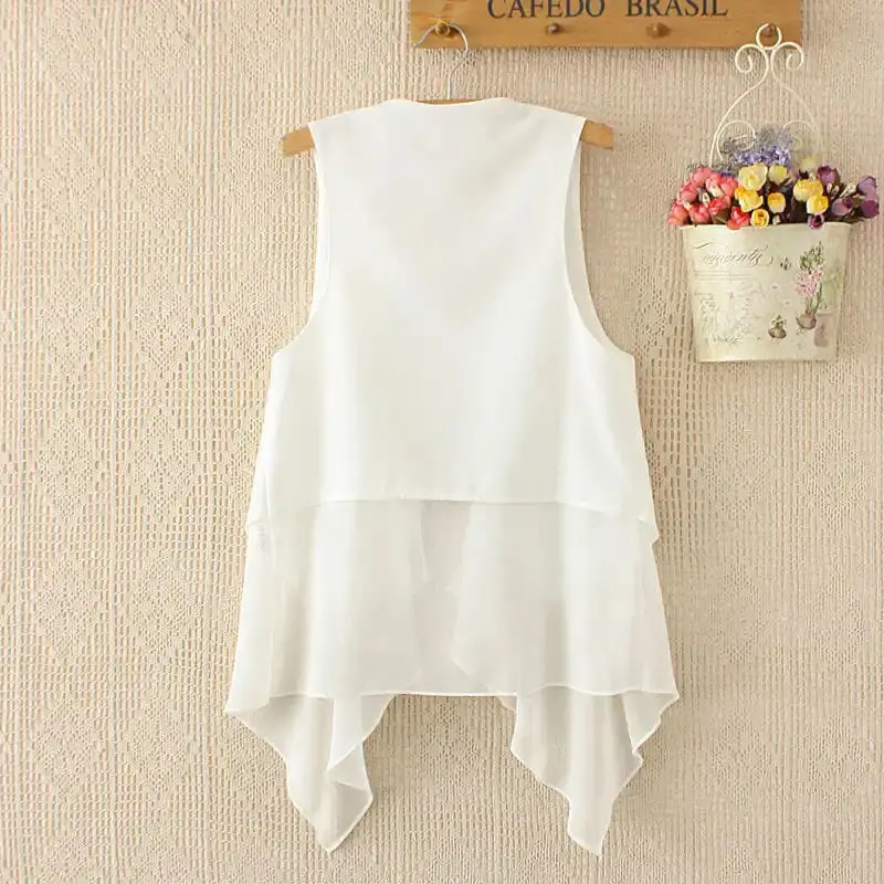 White Chiffon Vest Female Thin 2023 Summer New Fashion Slim Joker Sleeveless Vest Outside Med-long tank top sun-proof cardigan