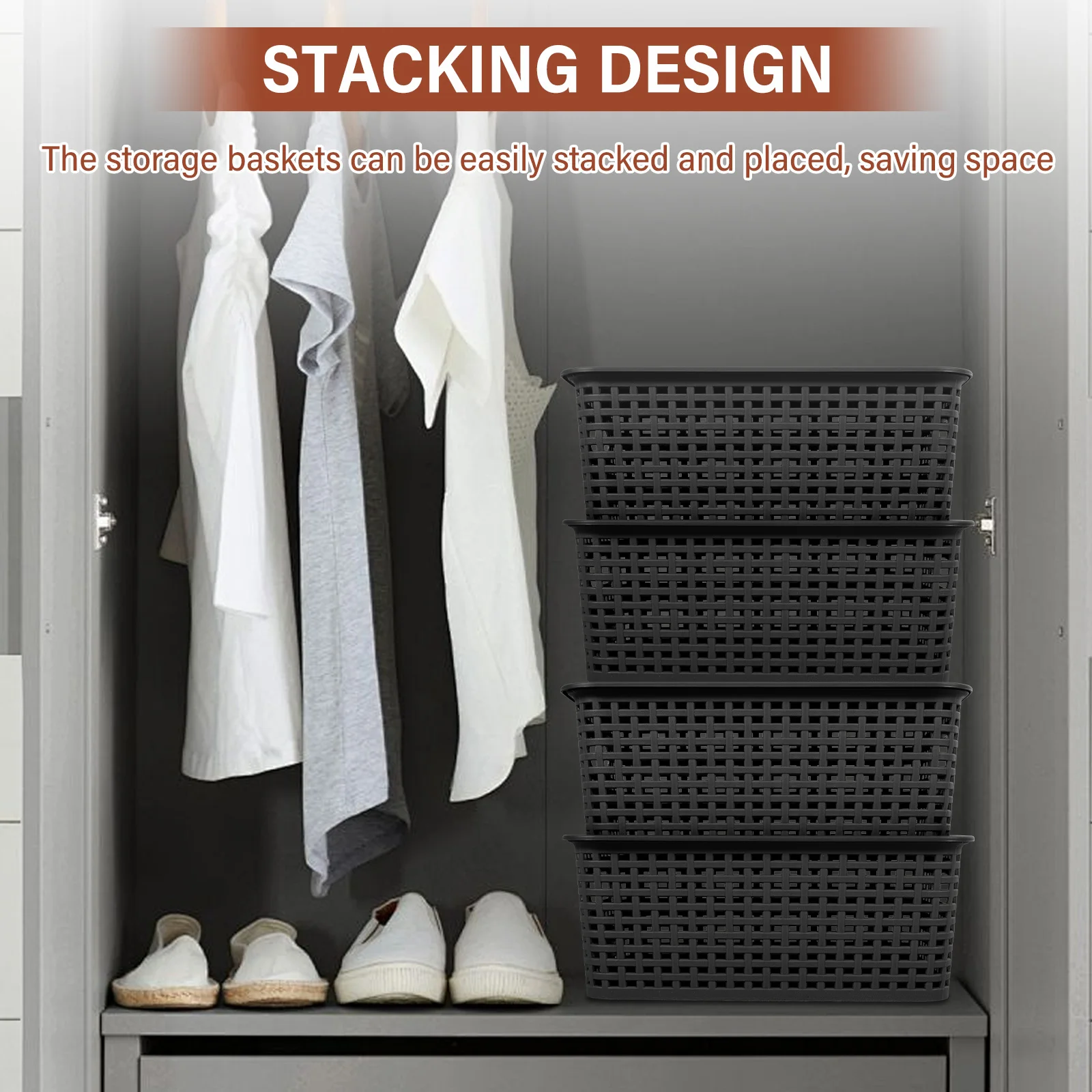 8Pcs Plastic Storage Basket Stackable Desktop Storage Organizer Bin with Handle and Lid Hollowed Out Side Woven Organizer Basket