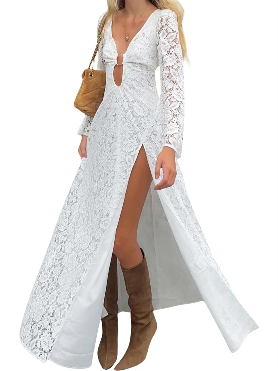 Women s High Split Long Dress Long Sleeve Deep V Neck Hollow Out  Fit Lace Dress