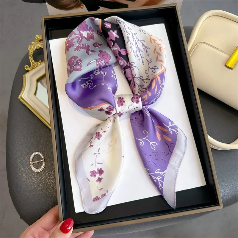 New Purple Luxury Floral Print Silk Square Scarf Women Soft Satin Hairband Hands Bag Ribbons Foulard Neckerchief Headband Hijab 4