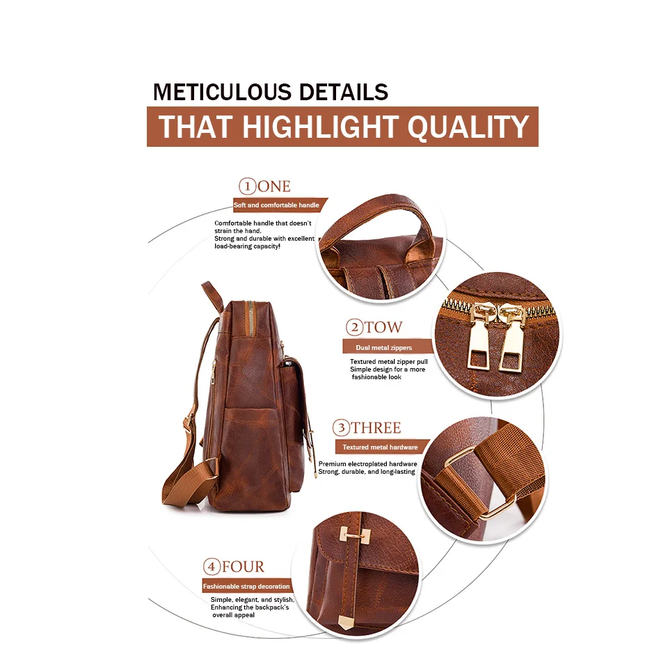 Womens Backpack Vintage Pu Leather Daypack Brown Casual Travel Retro Student School Bag