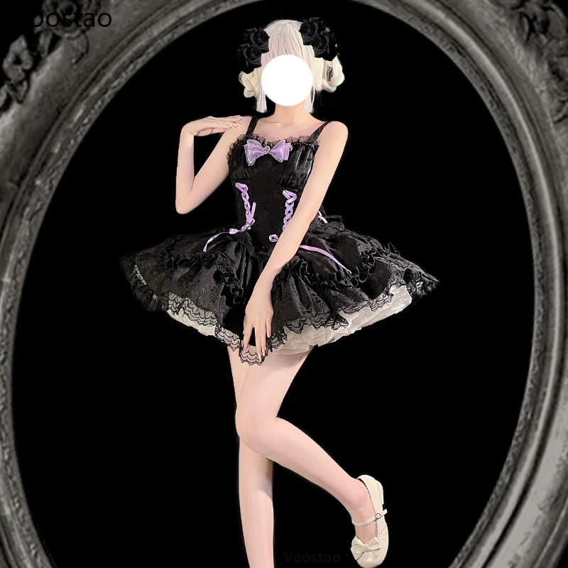 Japanese Gothic Jsk Dress Women Harajuku Sexy Bow Lace Y2k Sleeveless Bandage Party Mini Dresses Girly Sweet Princess Vestidos