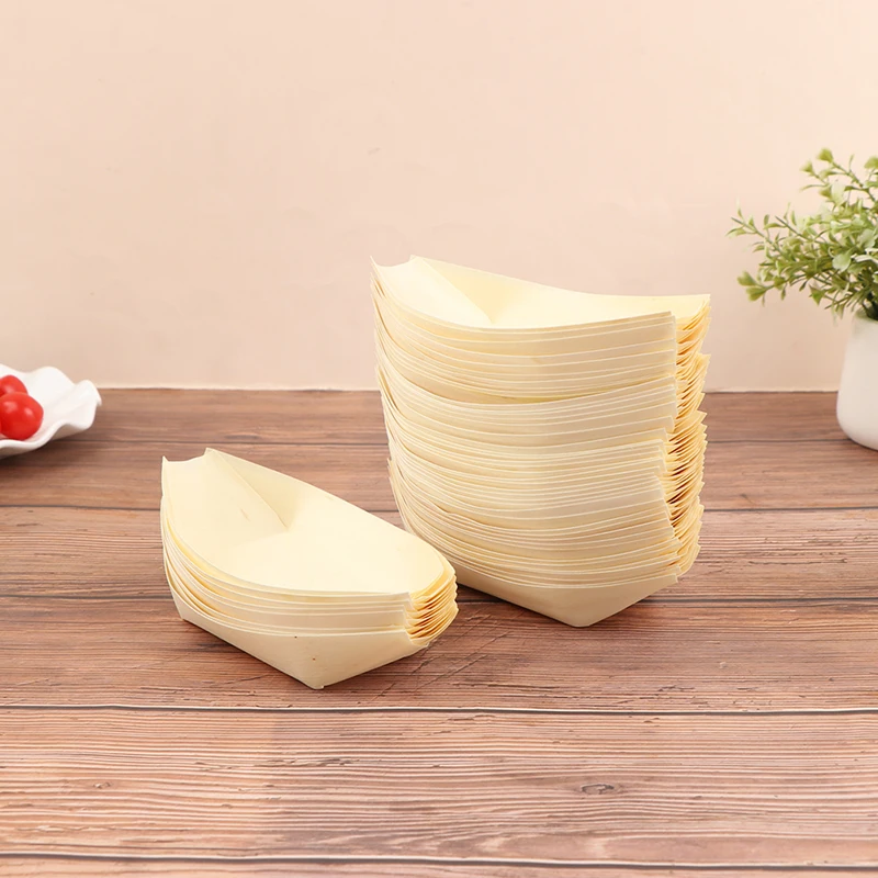 50Pcs Disposable Wooden Boat Plate Sushi Wood Boat Sushi Salad Dessert Bowl Pine Wood Bowl Plate Tray