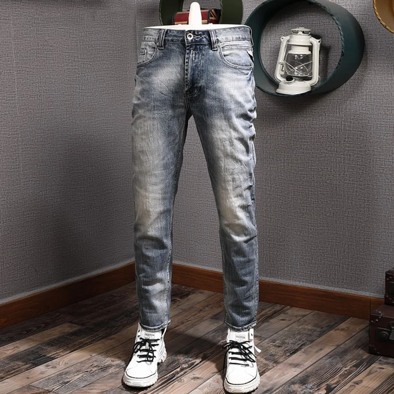 Italian Style Fashion Men Jeans High Quality Retro Blue Elastic Stretch Slim Fit Ripped Jeans Men Vintage Designer Pants Hombre