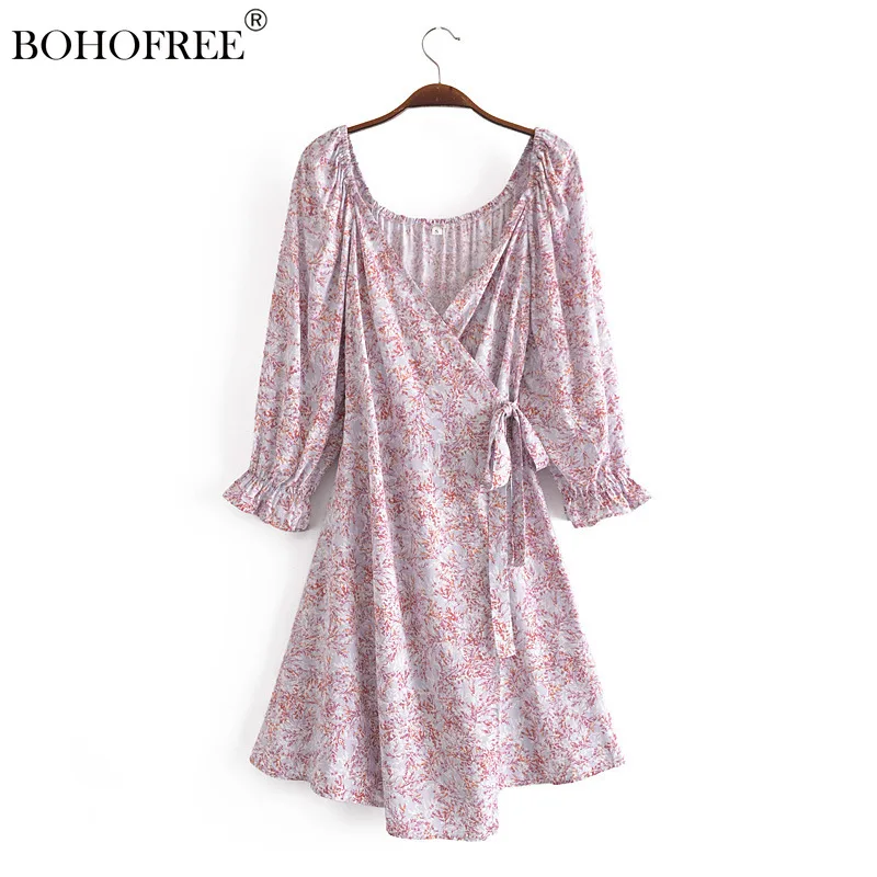 

Vintage Chic Vestidos Bohemian Rayon Printed Loose Dress Rayon Lace-up One-shoulder Dresses