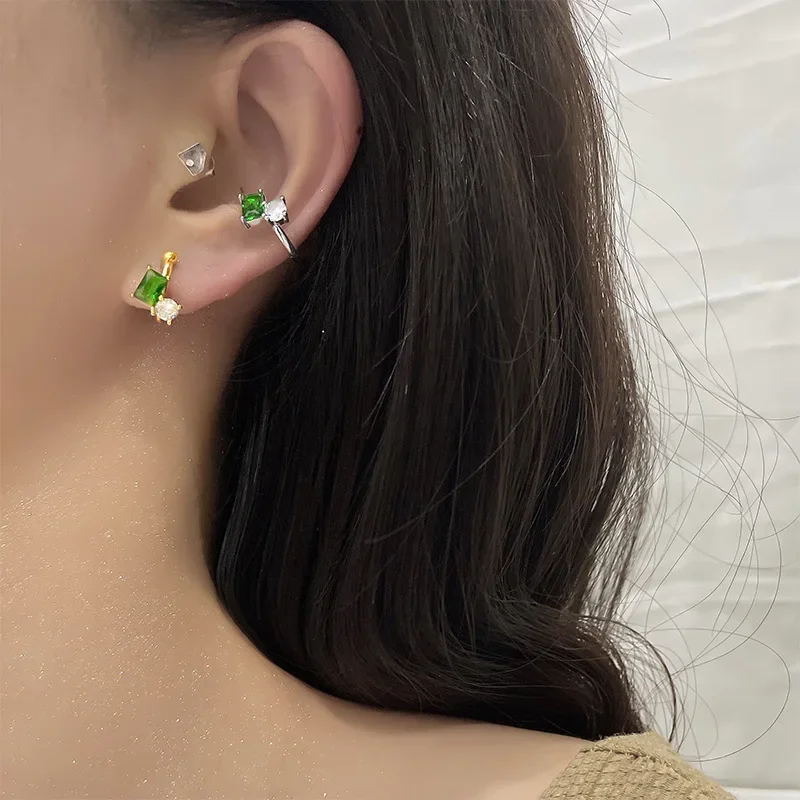1 Pcs Vintage Green Zircon Ear Clip Earrings for Women Girls Geometric Ear Cuff Party Jewelry Gifts ear clip earrings,clip earrings,ear clip