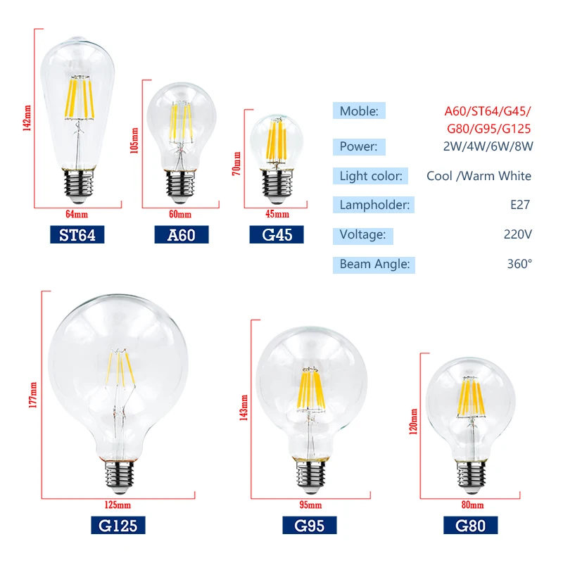 E27 E14 LED 전구, 2W, 4W, 6W, 8W, AC220V Lampada LED C35, A60, ST64, G80, G95, 봄빌라 스포트라이트 조명, 차갑고 따뜻한 흰색 램프, 6 개