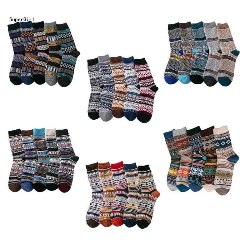 

5 Pairs Men Ethnic Colorful Stripes Socks Winter Thick Knit Warm Hosiery