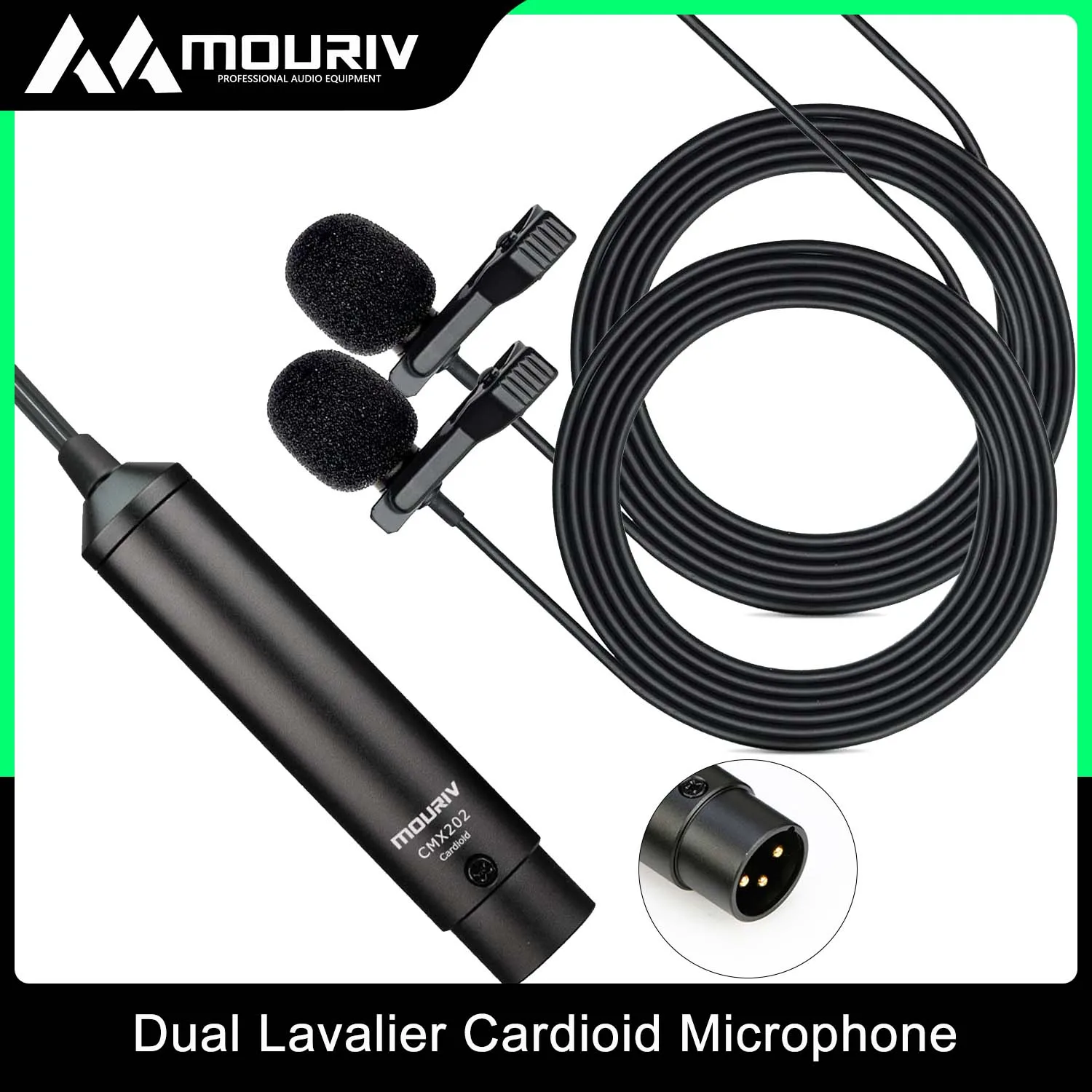 MOURIV CMX202 Dual Lavalier Cardioid Microphone Phantom Power Lapel Clip Compatible with Camera