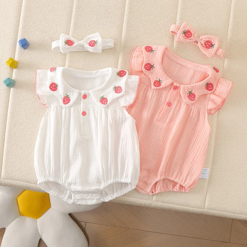 0-2Y Newborn BodySuit 2026 Summer Adorable Baby Girls 100% Cotton Strawberry Gauze Romper and Headband Cute and Soft Outfits