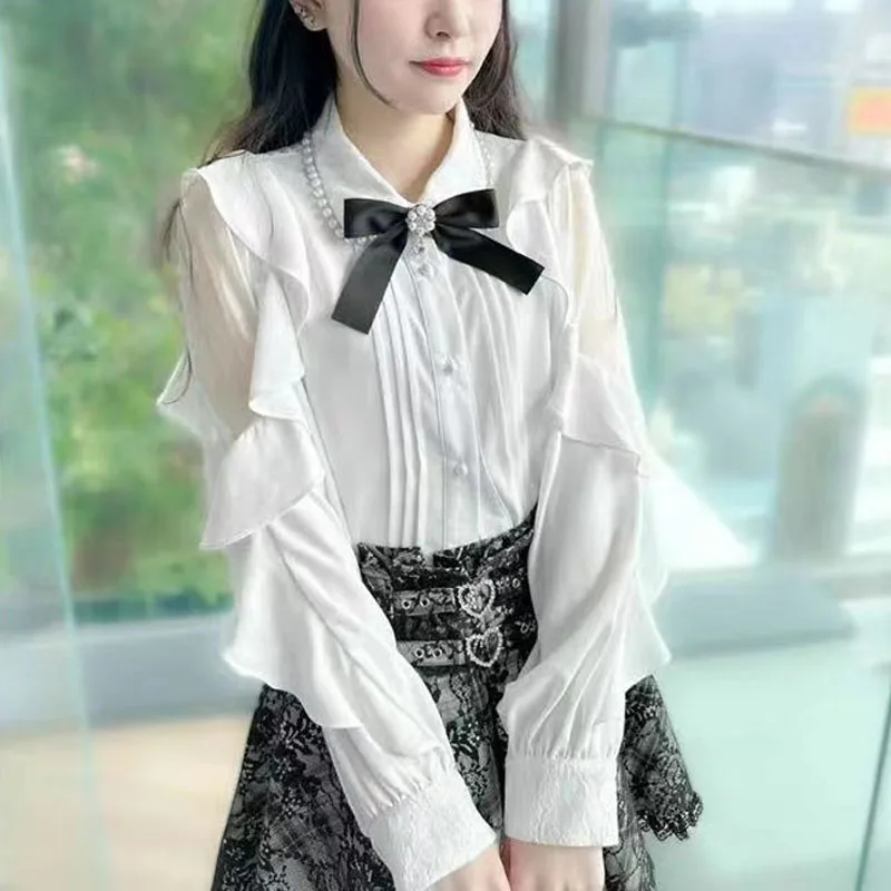 White Kawaii Women Lolita Shirts Bow Hearts Buckle Blouse Y2k Japanese Elegant Puff Sleeve Sweet Tops Office Ladies JK Shirt