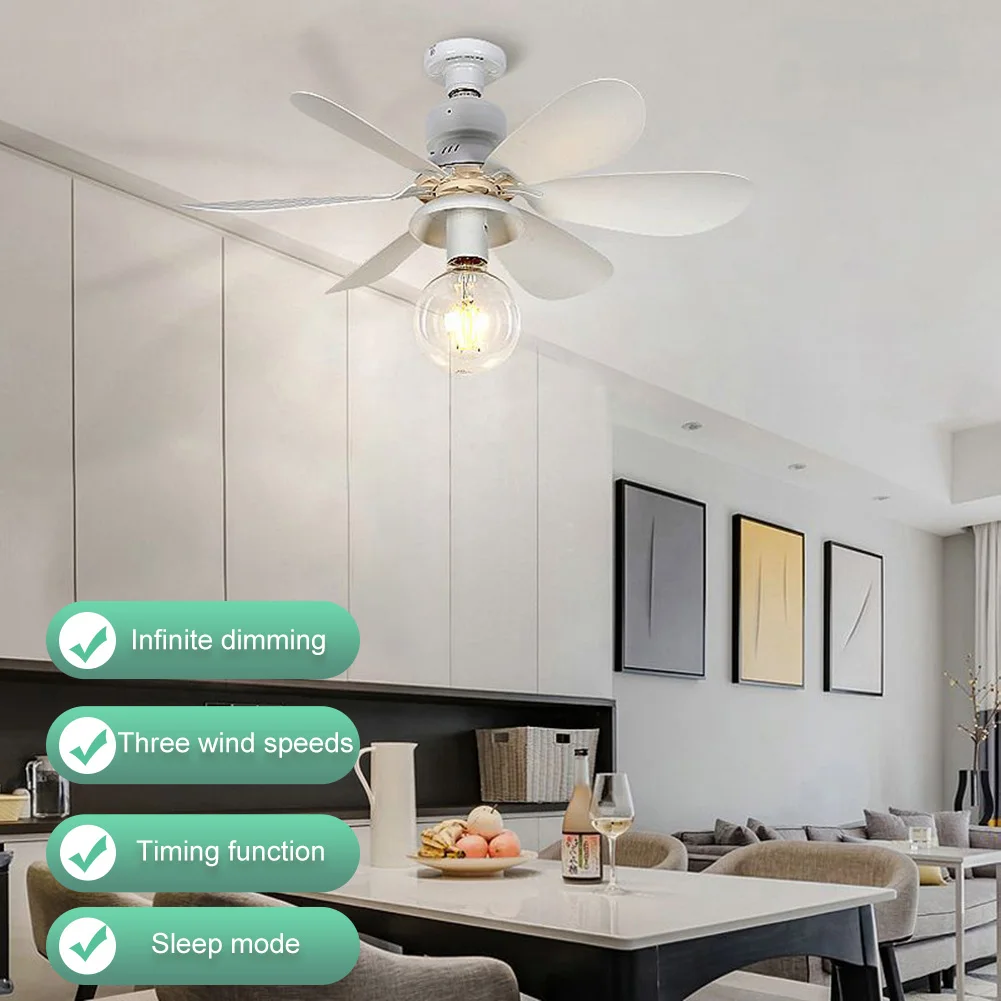 E27 Socket Fan LED Light E27 Base 52cm LED Bulb Ceiling Fan Remote Control Indoor Ceiling Fan Light 3 Speeds for Bedroom Kitchen