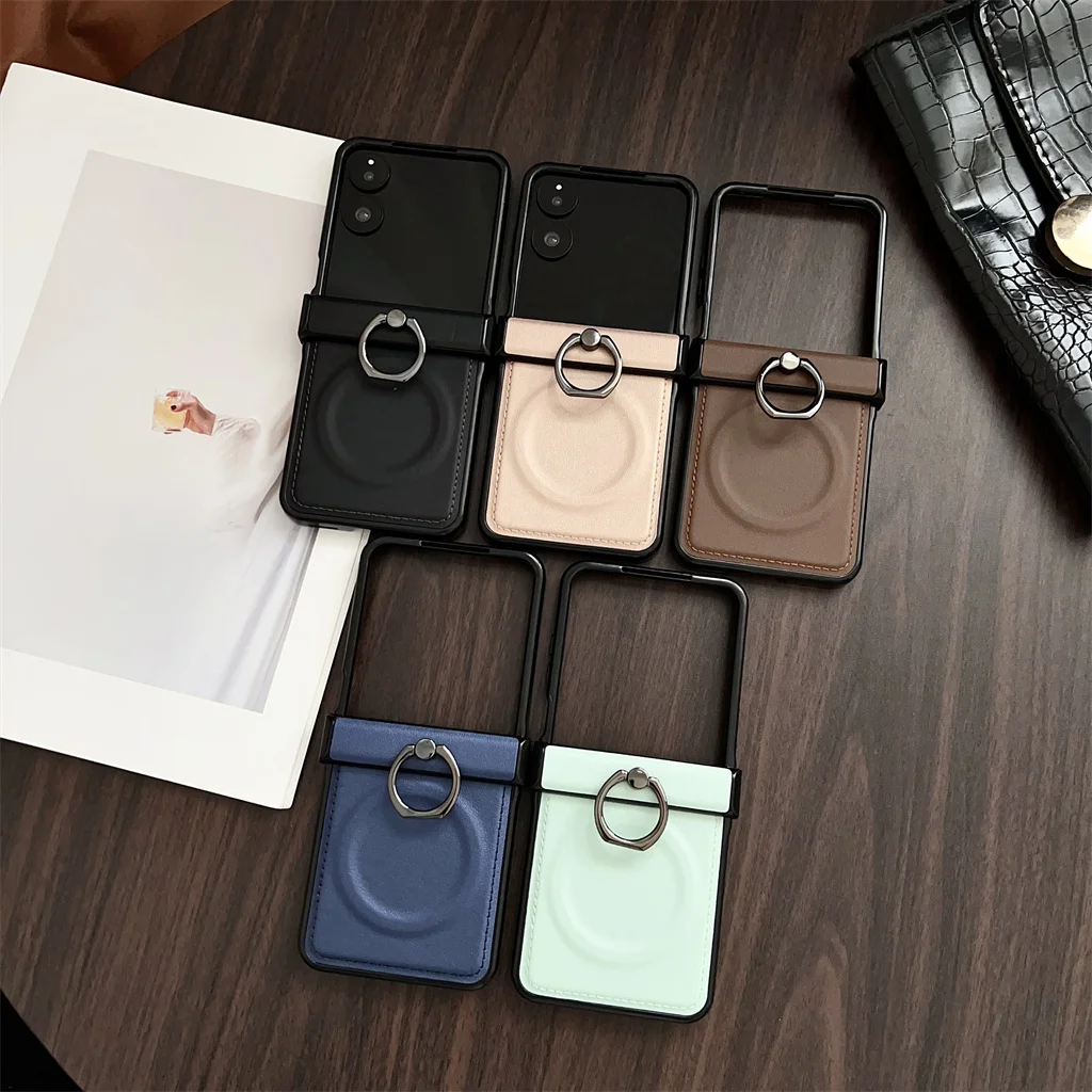 Magnetic Ring Holder PU Leather Stand Shockproof Phone Case with Hinge Protection