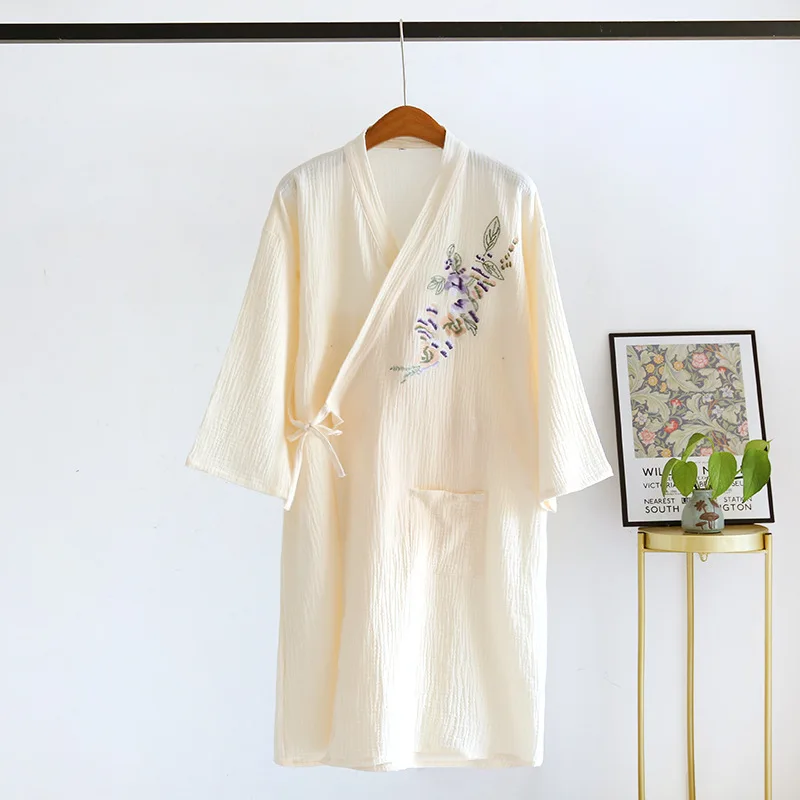 Women's Pajamas Embroidered Robes Cotton Spring and Summer Thin Chinese Style Bathrobe Sweat Steamed Clothes for Bathing