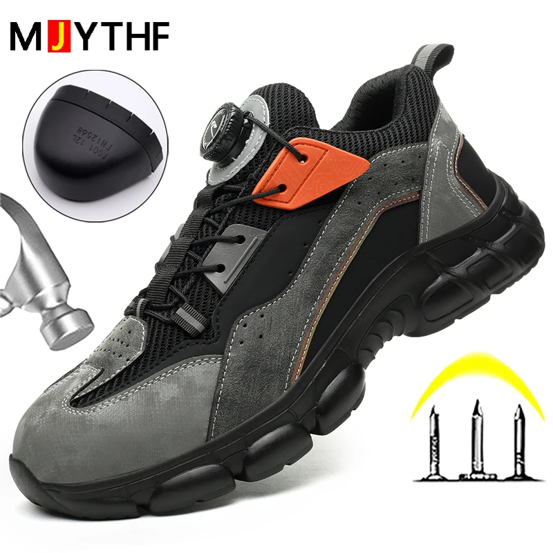 

Rotating Buttons Men Boots Breathable Work Sneakers Men Safety Shoes Puncture-Proof Indestructible Shoes Non-slip Security Shoes