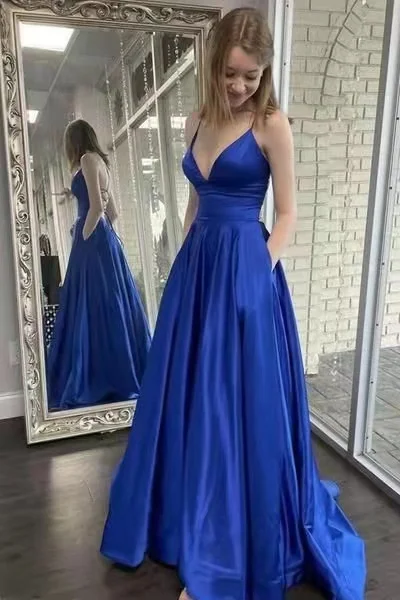 V Neck Mermaid Evening Dresses Long Satin Spaghetti Straps فساتين السهرة Open Back Formal Party Prom Gown with Pockets for Women black formal gown