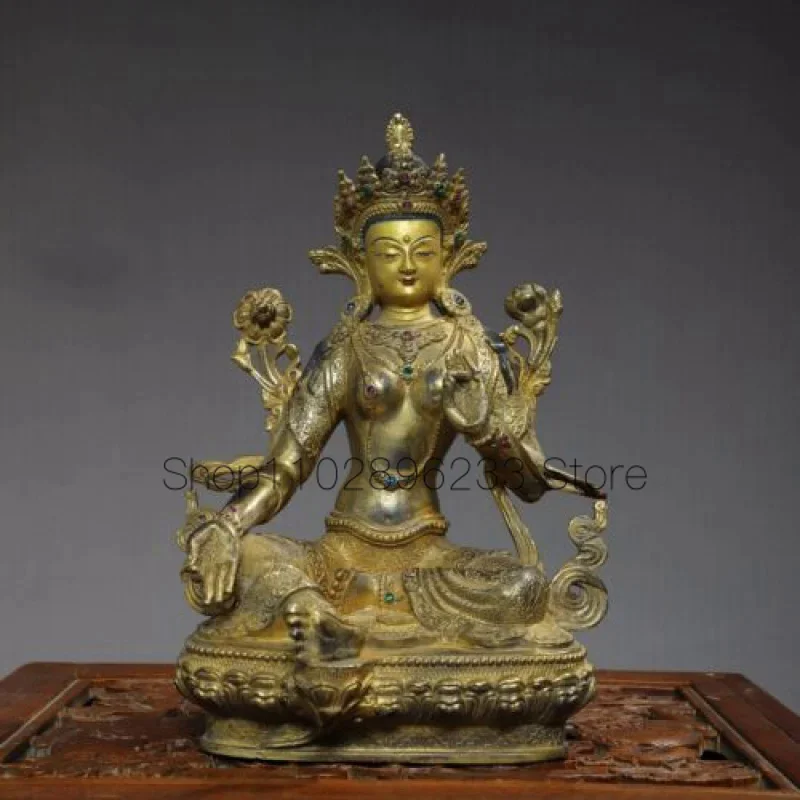 

30cm Chinese Old Tibetan Bronze Gold Plated Green Tara Green Tara Mantra Buddha Statue