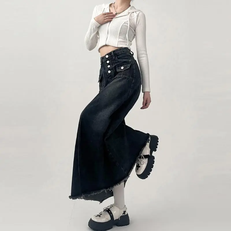 High-waisted Cargo Denim Skirt Women's Autumn Long A-line Mid-length Skirt  Retro Raw Edge Y2k Female Clothing Korean Style 4