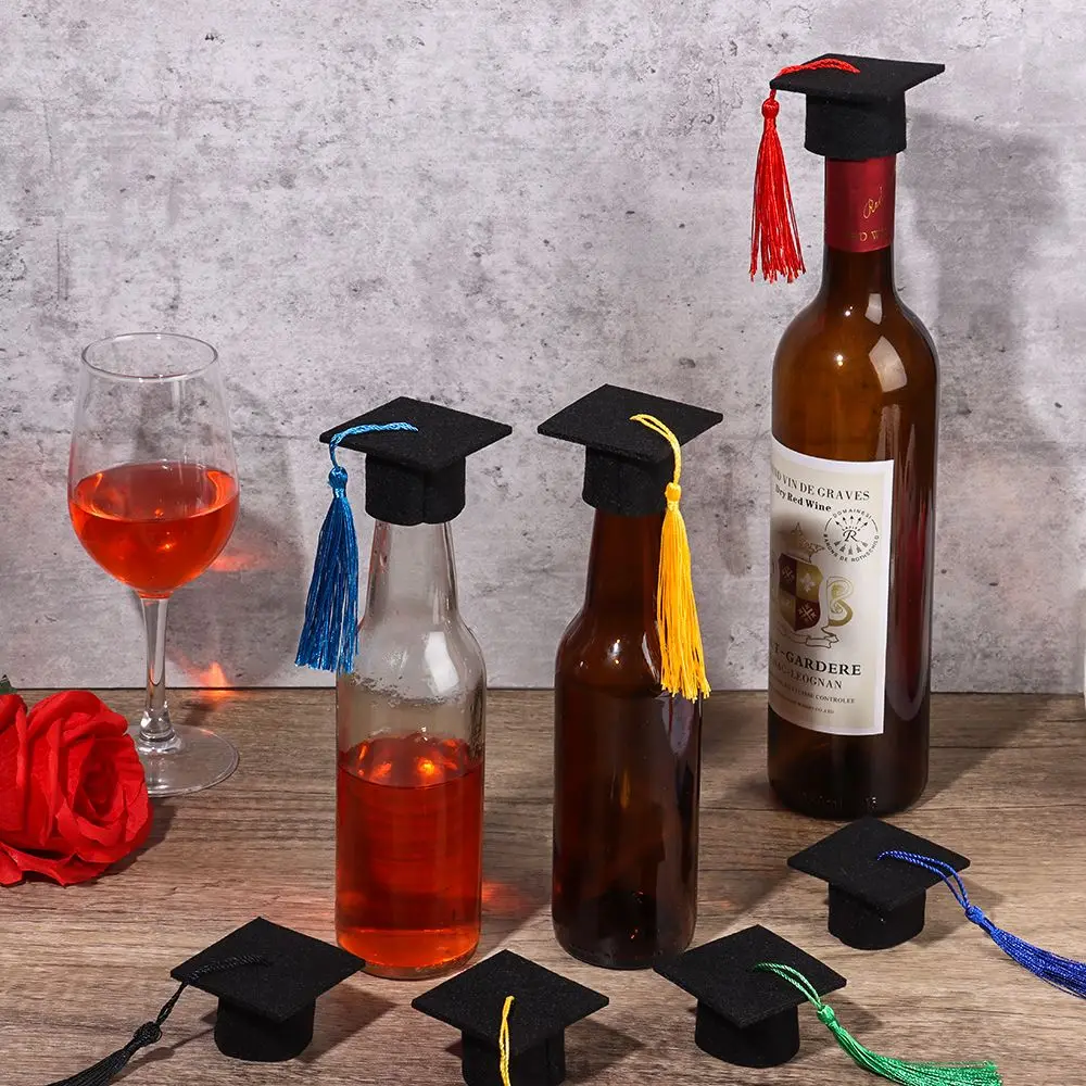 6Pcs Fashion Mini Graduation Hat Doctoral Cap Costume Top Hat With Tassels DIY Doll Decor Flowers Wine Bottle Dolls Decoration
