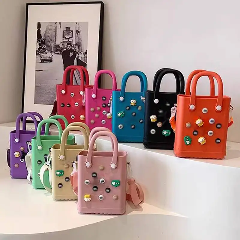 Waterproof Beach Tote Bag EVA Beach Bag Travel Handbag Storage Bag Simple Solid Color Hand Bag Children Outdoor DIY Hole Bags 4