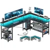 L-Shaped Gaming Desk with Power Outlet, LED Lights, Storage Shelves & Monitor Stand. Gaming Table with Carbon Fiber Texture 5