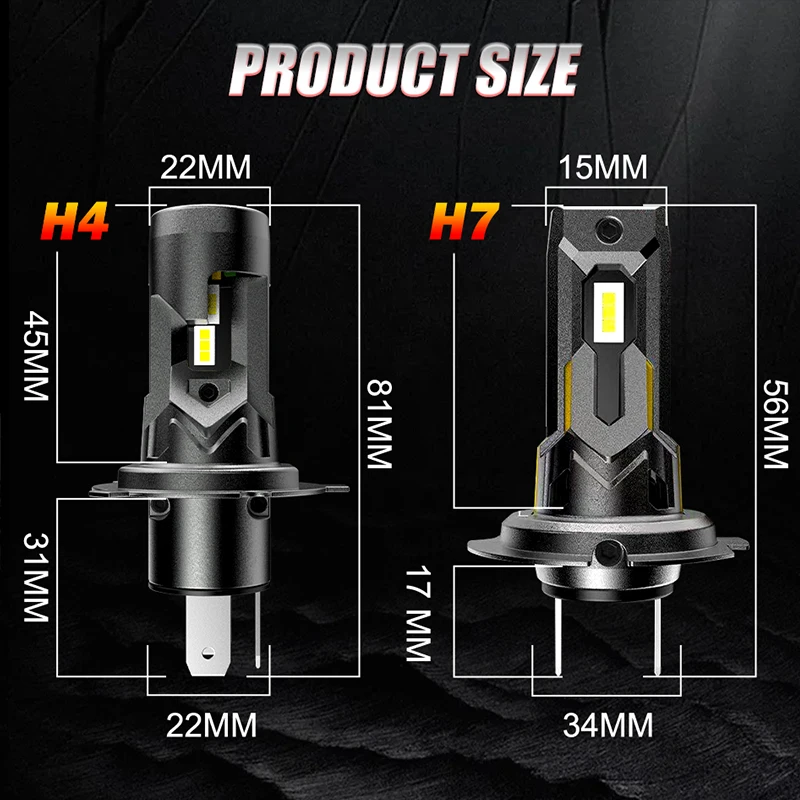 Dualvision 차량용 LED 헤드라이트 전구, 1:1 미니 사이즈, 2PCs 헤드램프, LED H4 무선 3570 CSP LED 칩, H7, 6000K 화이트, 12V