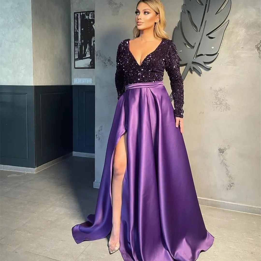

Sexy Sequined Satin Evening Dresses With Pockets A-Line Long Sleeve Prom Dresses Party Gowns Robes de soirée for Women