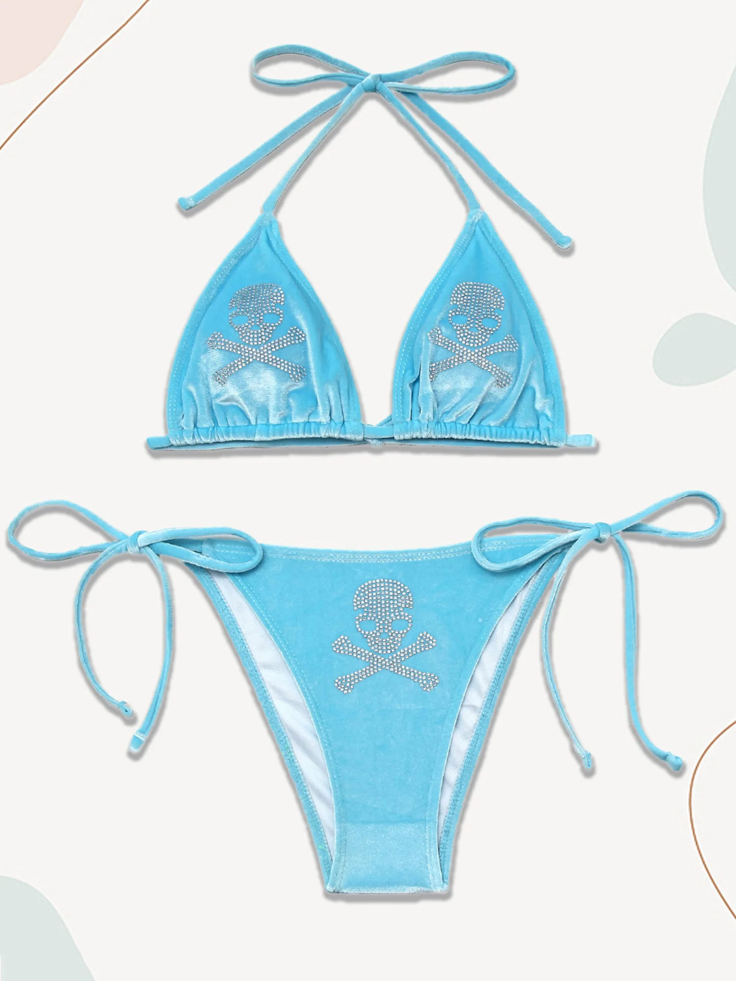 Women s Sequined Skull Pattern Halter Top with Thong 2 Piece Set Sexy Bikini Swimsuit Beachwear Bathing Suit Stylish Skull