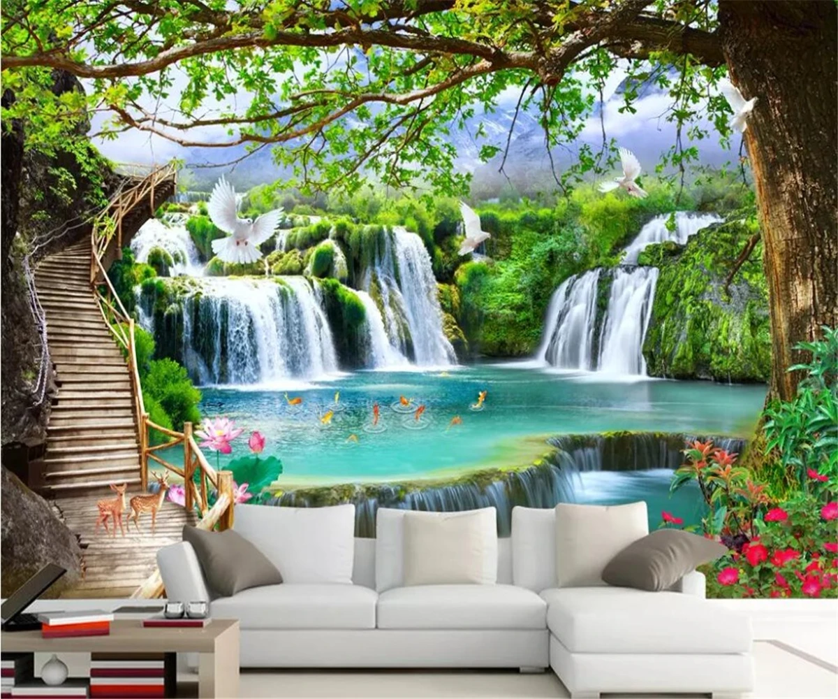 

Custom 3d Wallpaper HD jungle waterfall landscape mural home decoration self-adhesive relief material decorative painting Murals