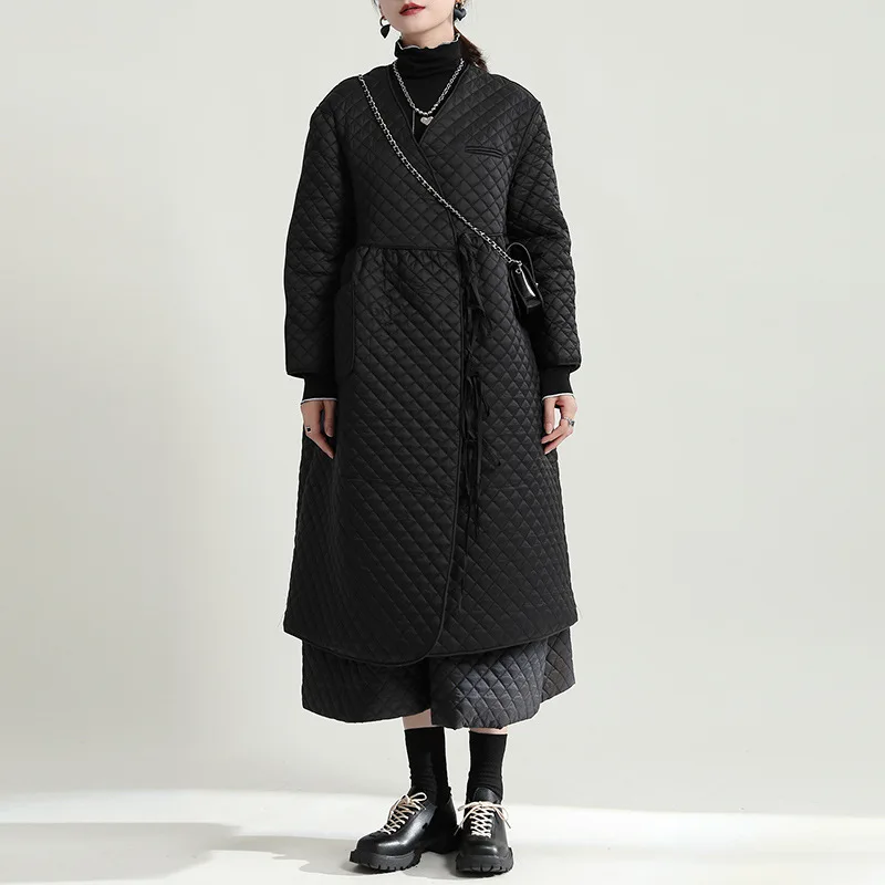 

Winter Chic V-neck Lacing Strap Cotton Padded Jacket Long Parka Women Streetwear Gothic Hip Hop Japan Loose Quilted Coat 2611