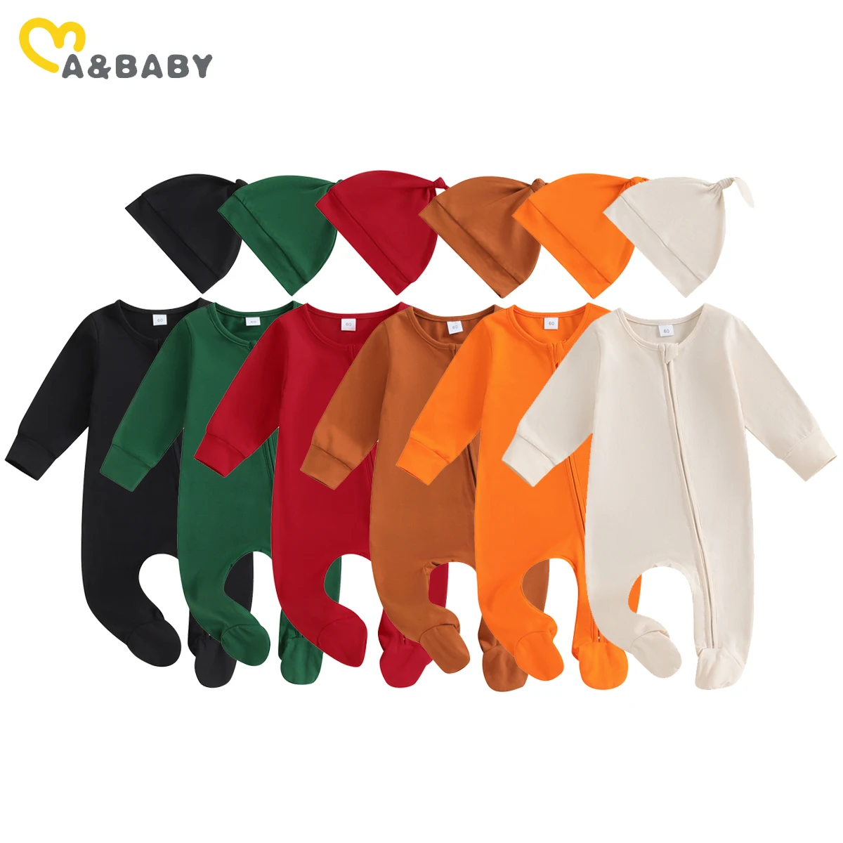 Ma & baby 0-6M   소년 소녀 점프 슈트 부드러운 긴 소매 지퍼 Romper + 모자 가을 봄  복장 의류