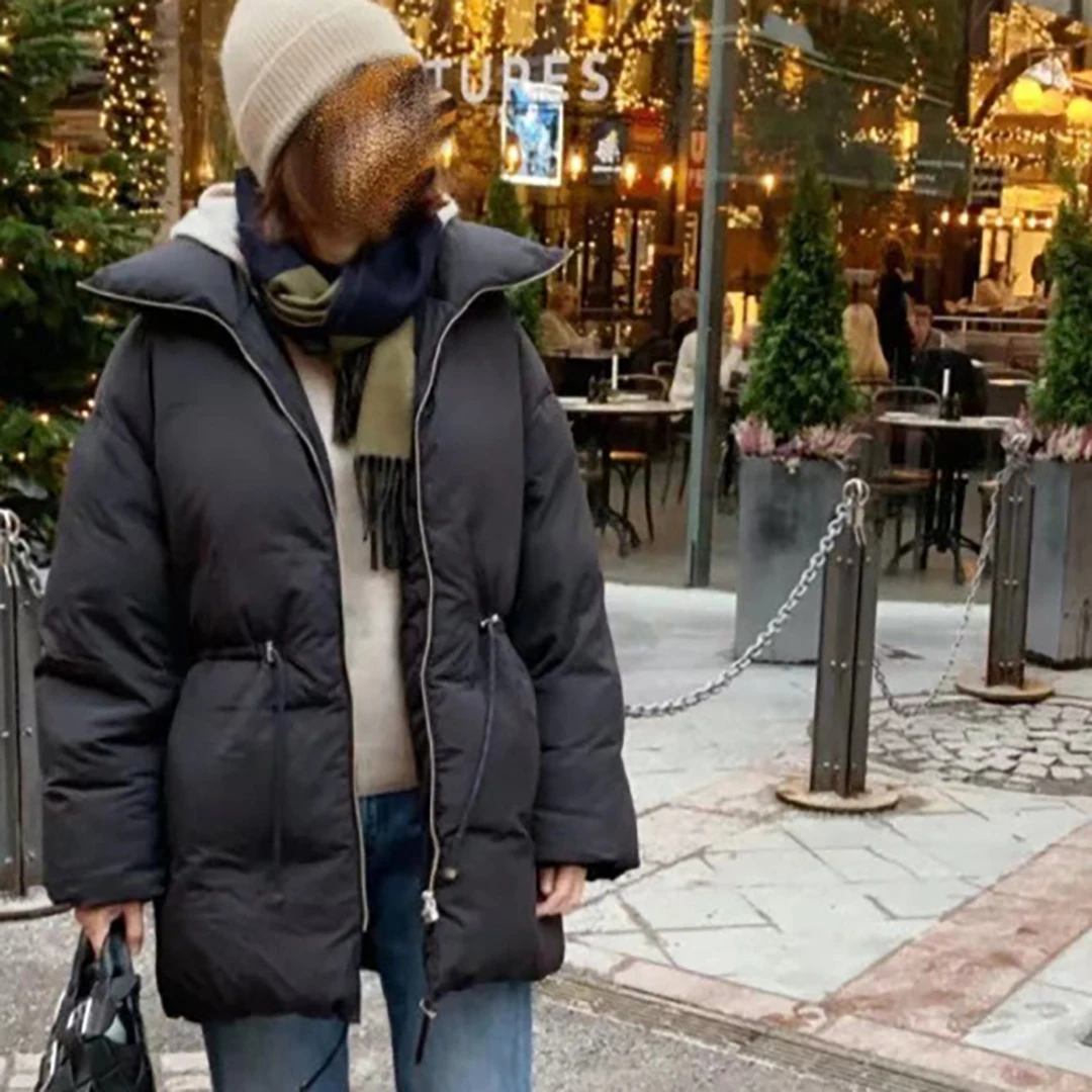 

Luxury Winter Jacket Women Down Coat Nylon Black Full Sleeves Turn-Down Collar Drawstring Cardigan Design Oversize Top Keep Warm