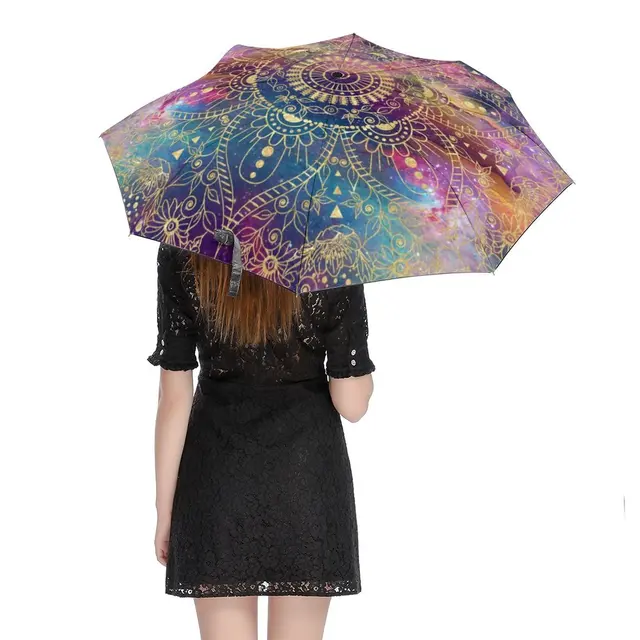 Arany Mandala Nyomtatás 3 Hajtogatott Autós Esernyő Szüreti Virág Fekete Kabát Uv Védelem Ligthsúlyos Esernyők Férfi Nők Számára - Image 5