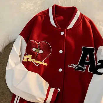 Hip Hop Retro Broken Heart Embroidered Varsity Jacket Jacket Men's 2022 Couple Street Harajuku Couple American Baseball Uniform 1