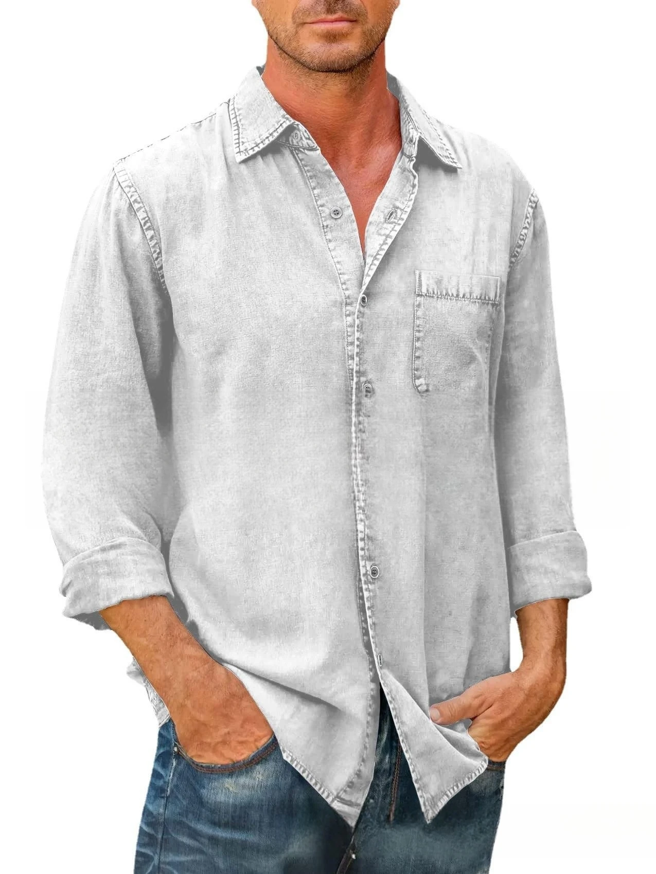 Men Cotton Denim Long Sleeve Casual Solid Color Shirt Spring Autumn Fashion Vintage Jeans Shirt Tops S-5XL