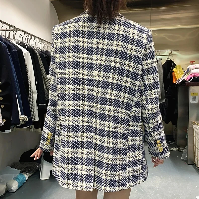 Tweed Suit Jacket 2022 Autumn And Winter With Cotton Thickened Women's Korean Double-Breasted Temperament Wool Coat Tartan Coat